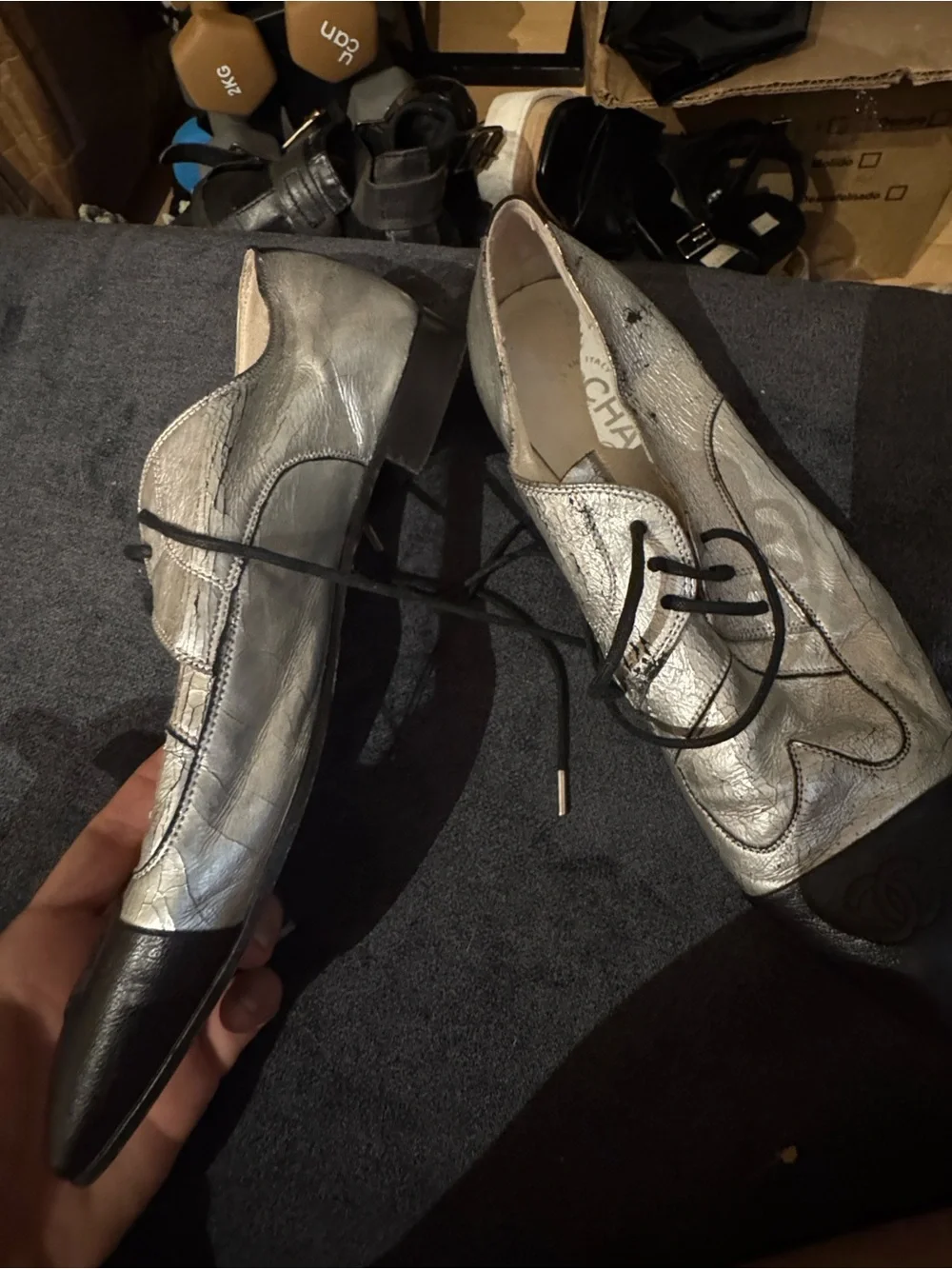CHANEL Silver Leather Pointed Lace-Up Flats with Black Toe Caps